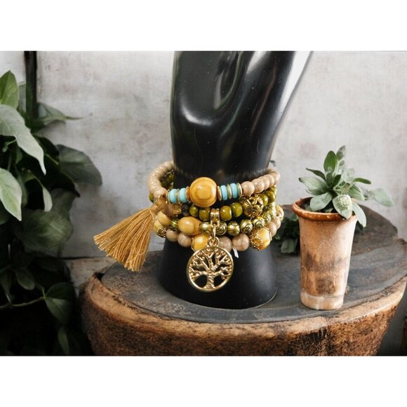 Bohemian Multi-Layered Beaded Bracelet With Tassel & Tree Of Life Charm Jewelry - Picture 1 of 11